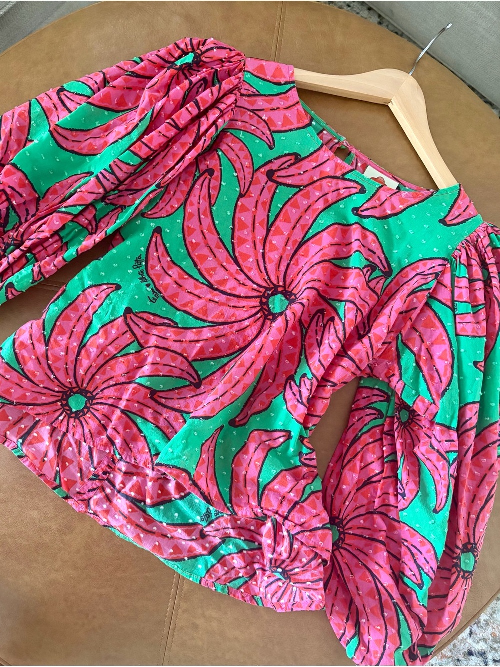 FARM Rio Banana Pitta Pink Green Floral Puff Sleeve Blouse Size Small - Picture 2 of 9
